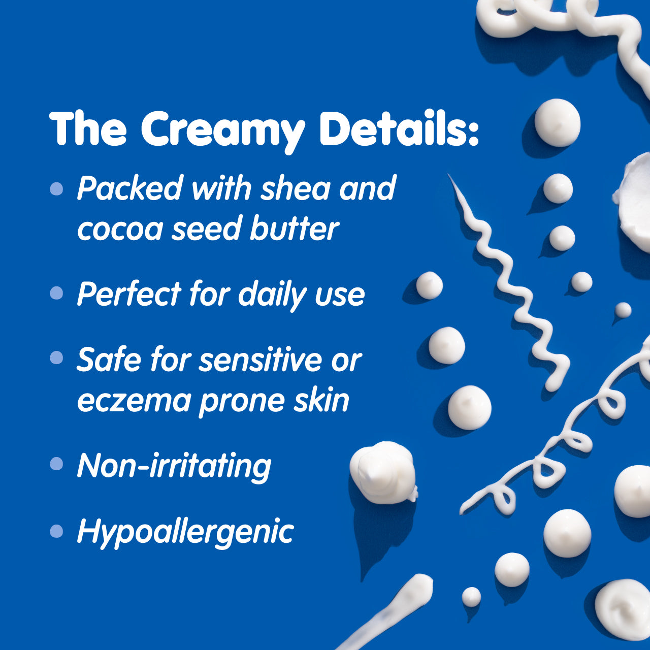 Product description with shea butter and cocoa seed butter on a blue background